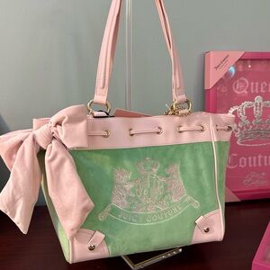 Juicy Couture Pink Trim Green Canvas Tote with Bow
